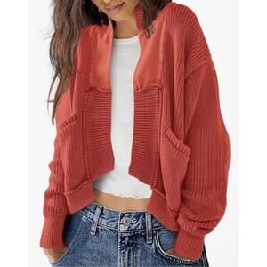 NWOT Free People Worn Thru Dark Coral Surplus Cardi Cropped Slouchy Cotton Sz XS